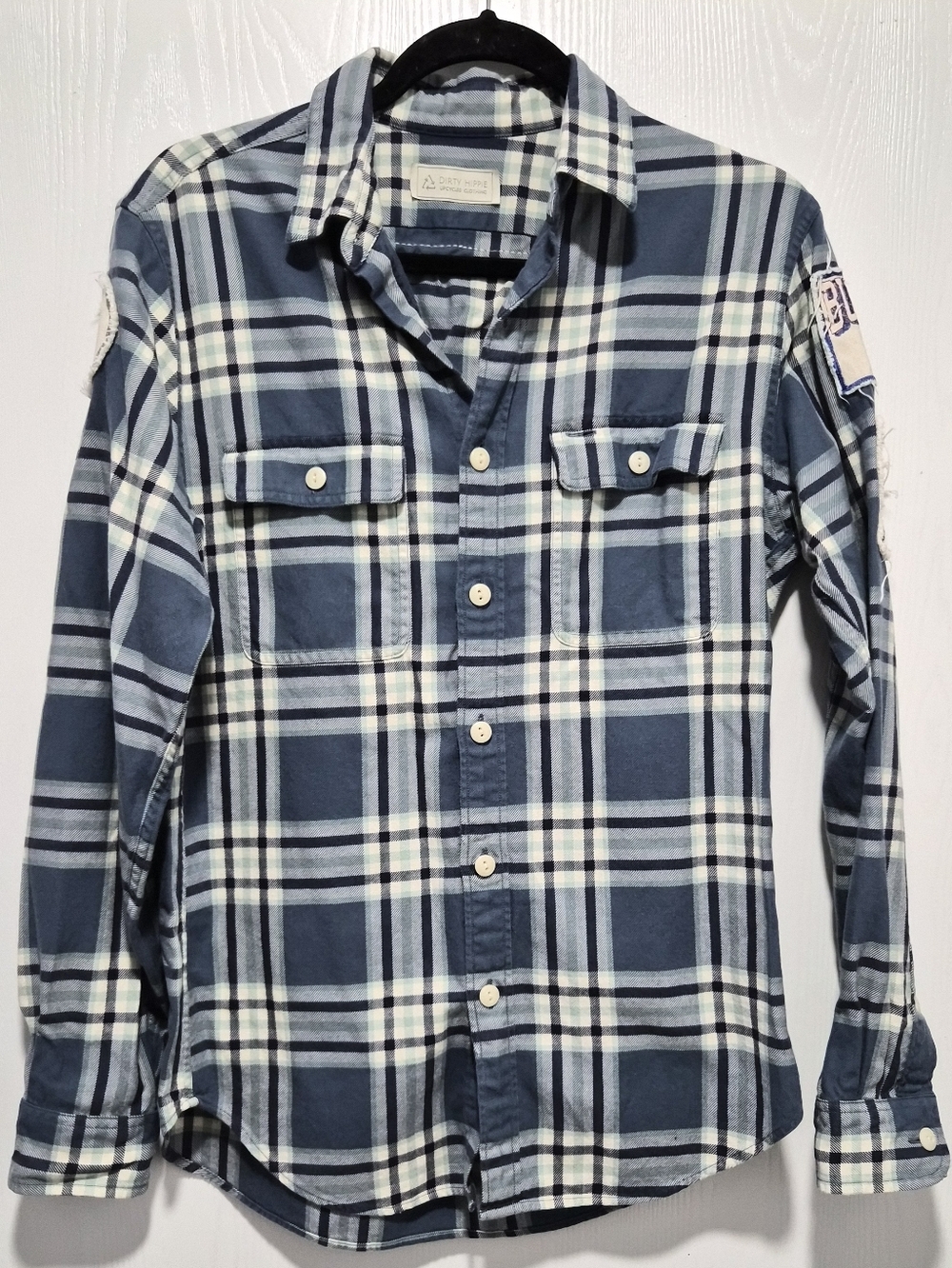 Upcycled Unisex Rolling Stones Flannel Blue Plaid Button Down Shirt - Picture 2 of 8